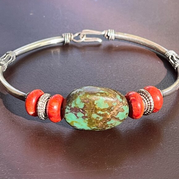 Handmade Jewelry - Vintage African Turquoise Stone with Red Coral and Bali Silver Bracelet OOAK